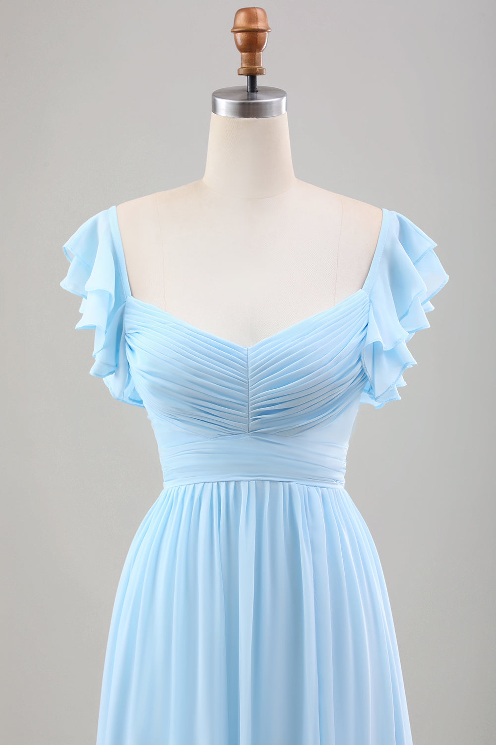 Himmelblaues A-Linie Chiffon Hochzeitsgastkleid mit Rüschenärmeln