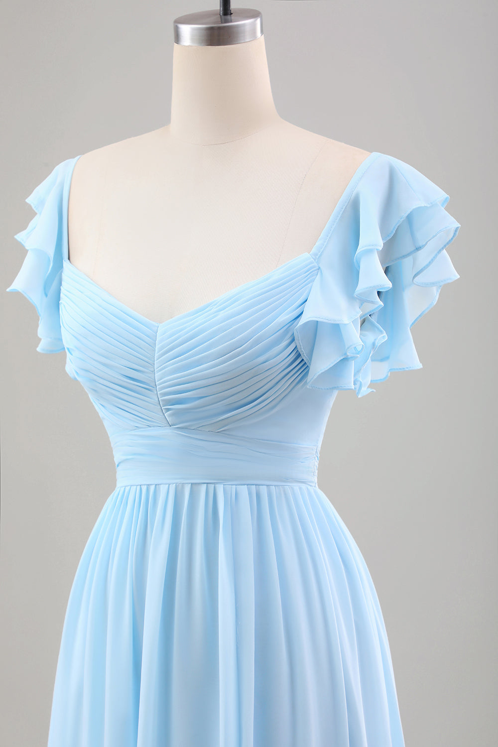 Himmelblaues A-Linie Chiffon Hochzeitsgastkleid mit Rüschenärmeln