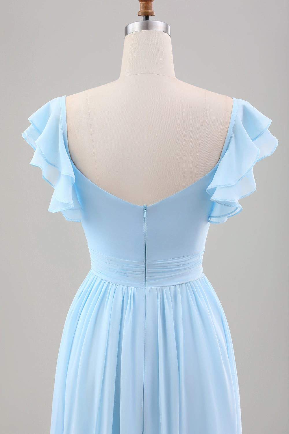 Himmelblaues A-Linie Chiffon Hochzeitsgastkleid mit Rüschenärmeln