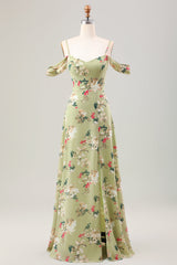 Grünes A-Linie Spaghettiträger Blumenkleid für Hochzeitsgäste mit Schlitz