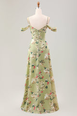 Grünes A-Linie Spaghettiträger Blumenkleid für Hochzeitsgäste mit Schlitz
