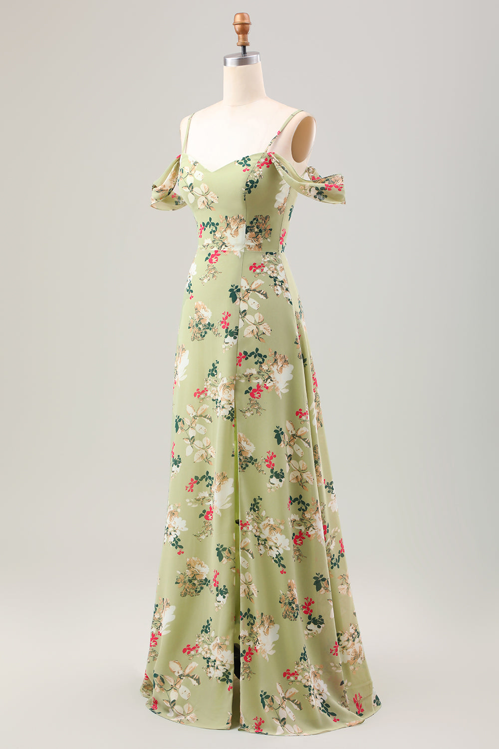 Grünes A-Linie Spaghettiträger Blumenkleid für Hochzeitsgäste mit Schlitz