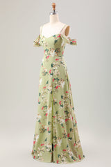 Grünes A-Linie Spaghettiträger Blumenkleid für Hochzeitsgäste mit Schlitz
