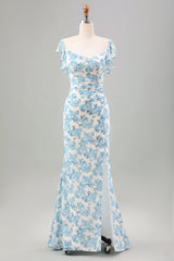 Weiß Blau Blume Meerjungfrau Langes Hochzeitsgastkleid mit Schlitz