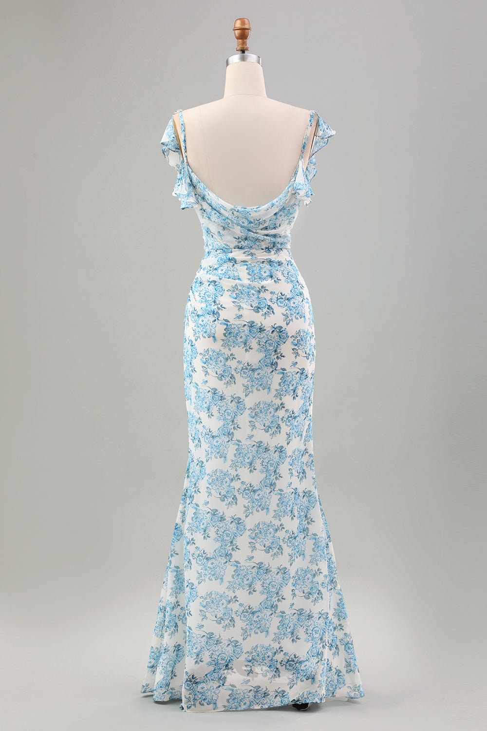 Weiß Blau Blume Meerjungfrau Langes Hochzeitsgastkleid mit Schlitz