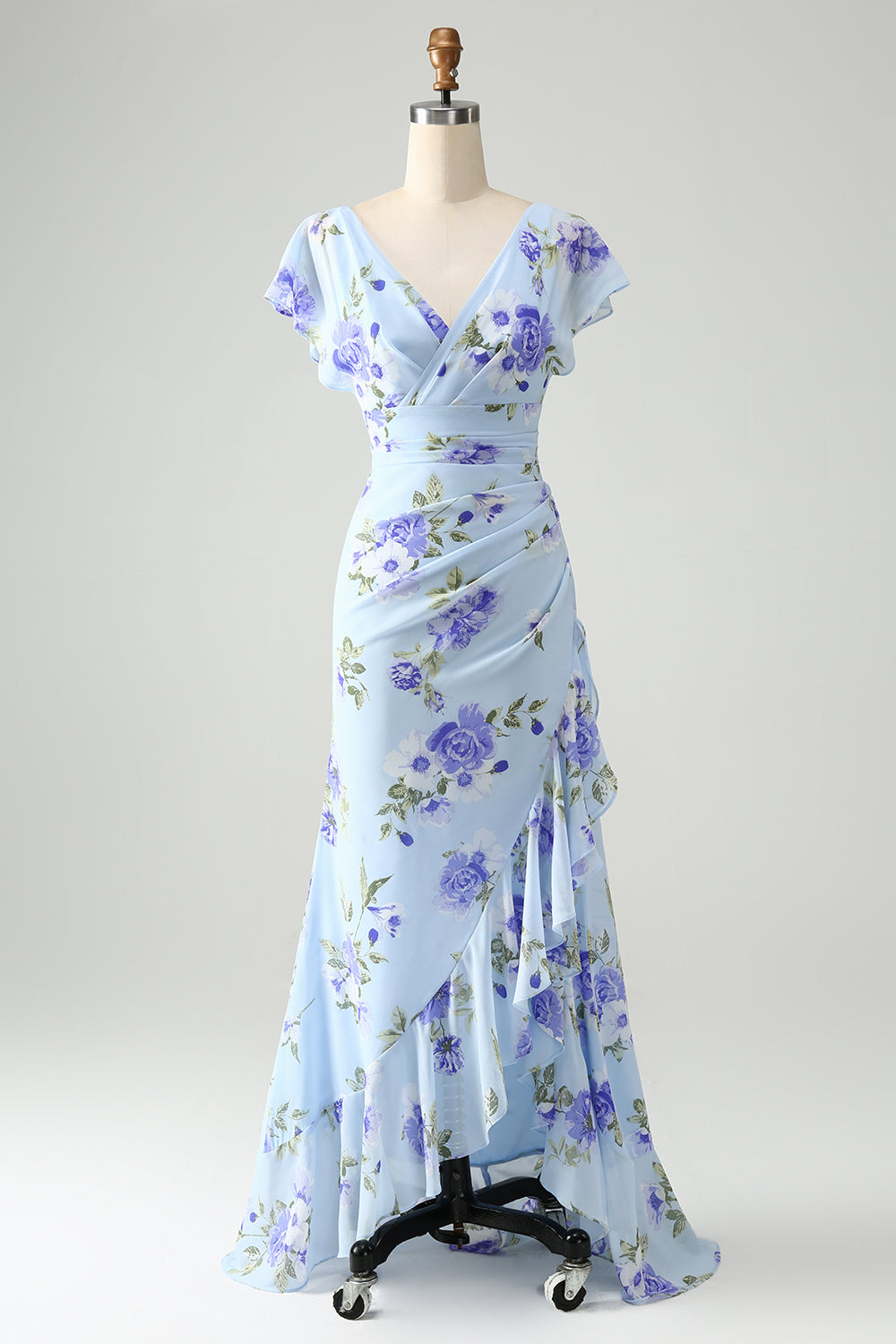 Blaues Blumen A-Linie Rüschen Asymmetrisches Hochzeitsgastkleid