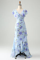 Blaues Blumen A-Linie Rüschen Asymmetrisches Hochzeitsgastkleid