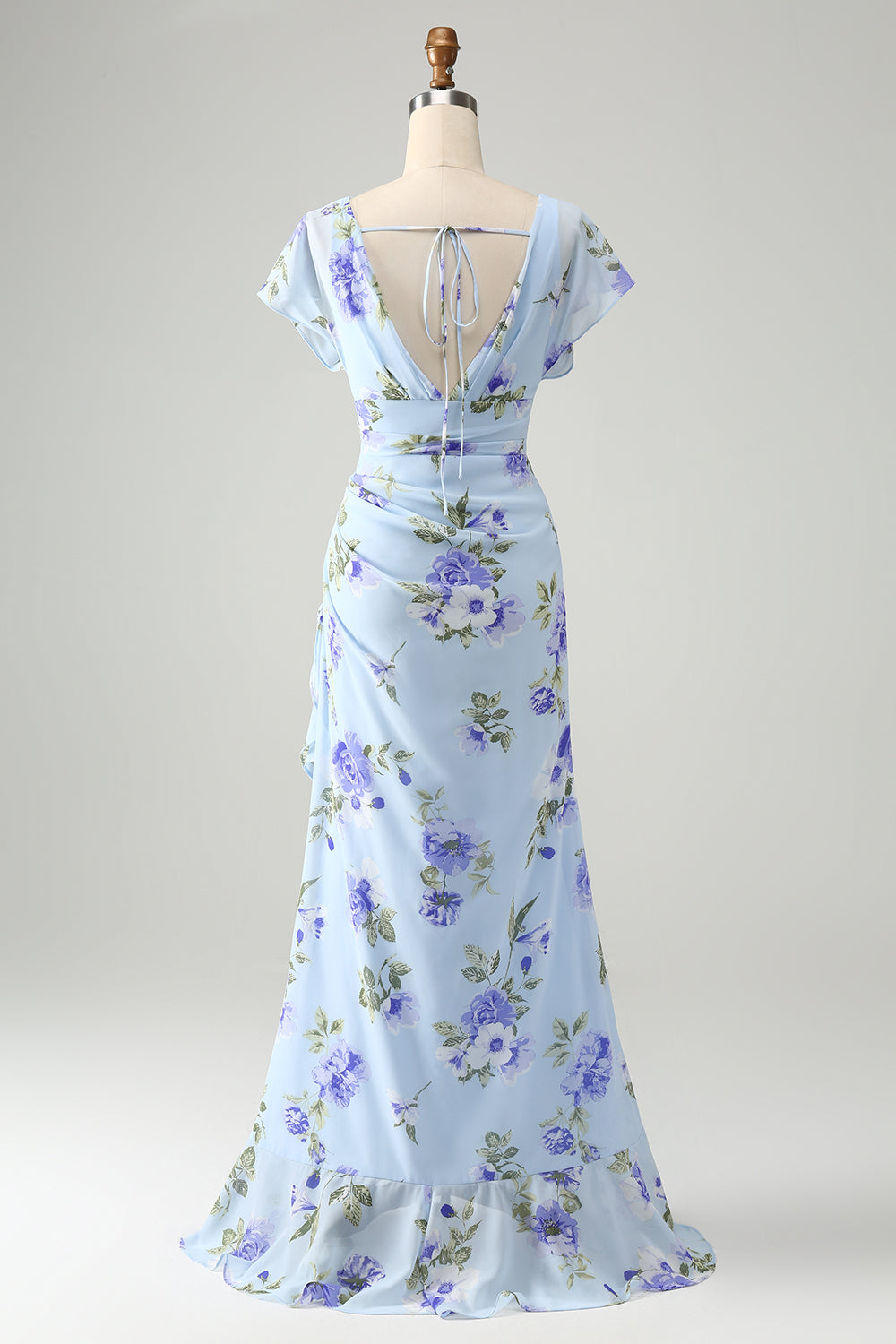 Blaues Blumen A-Linie Rüschen Asymmetrisches Hochzeitsgastkleid