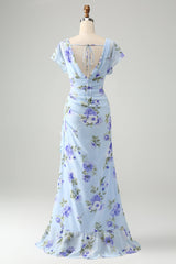 Blaues Blumen A-Linie Rüschen Asymmetrisches Hochzeitsgastkleid