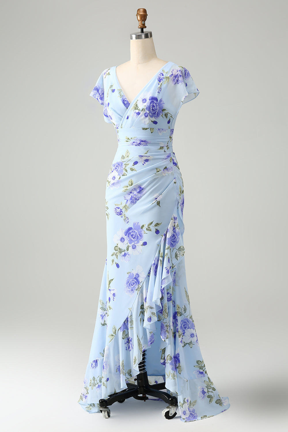 Blaues Blumen A-Linie Rüschen Asymmetrisches Hochzeitsgastkleid
