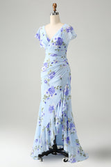 Blaues Blumen A-Linie Rüschen Asymmetrisches Hochzeitsgastkleid