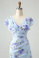 Blaues Blumen A-Linie Rüschen Asymmetrisches Hochzeitsgastkleid