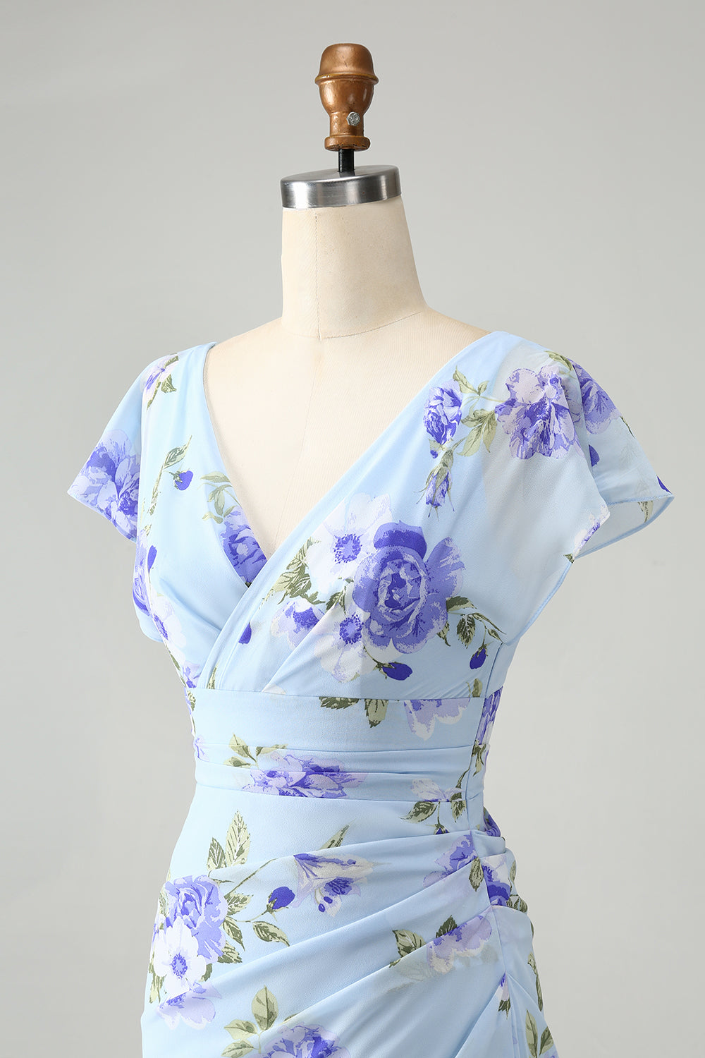 Blaues Blumen A-Linie Rüschen Asymmetrisches Hochzeitsgastkleid