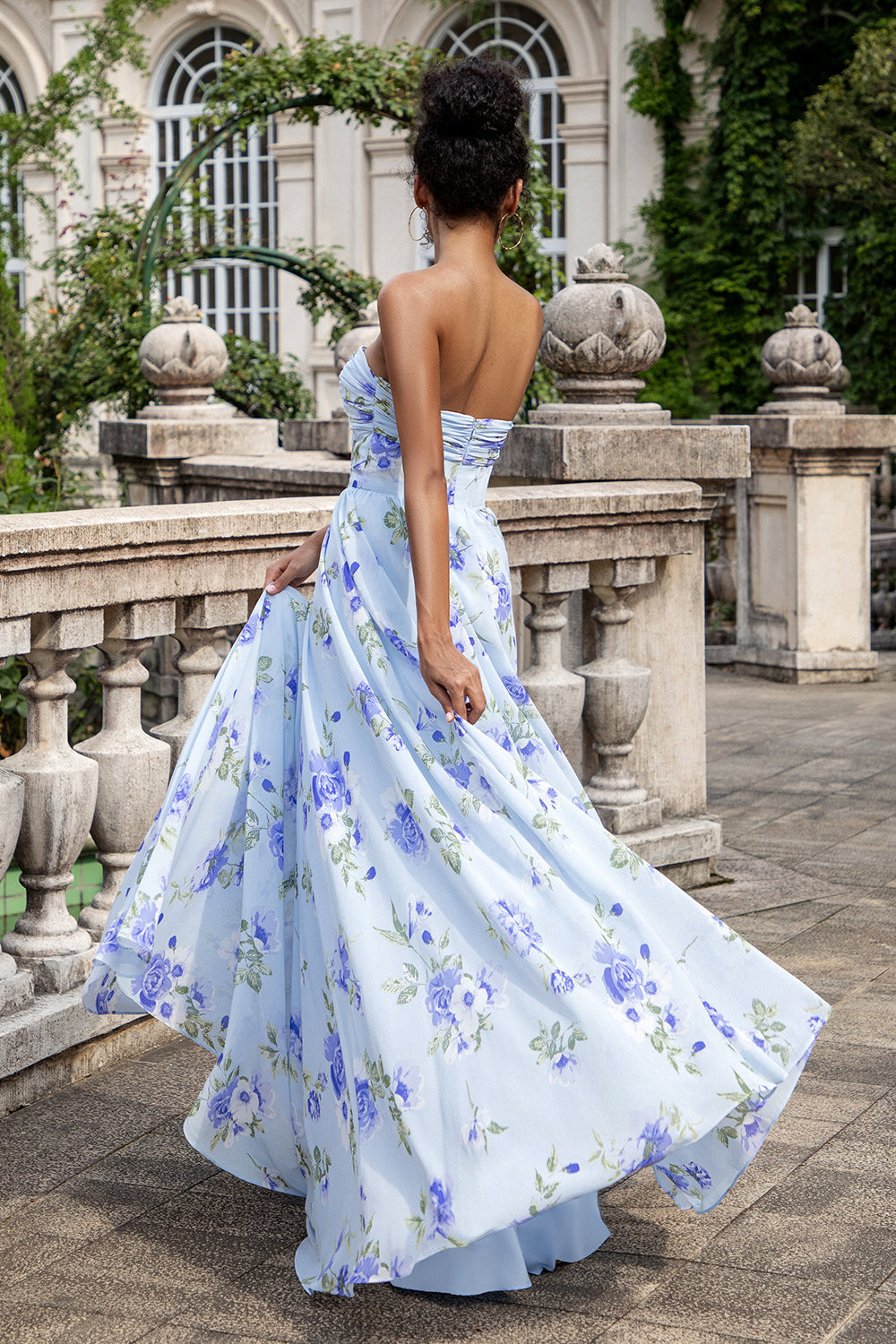 Blaues Blumen A-Linie Herzausschnitt Trägerlos Druck Plissee Langes Hochzeitsgastkleid