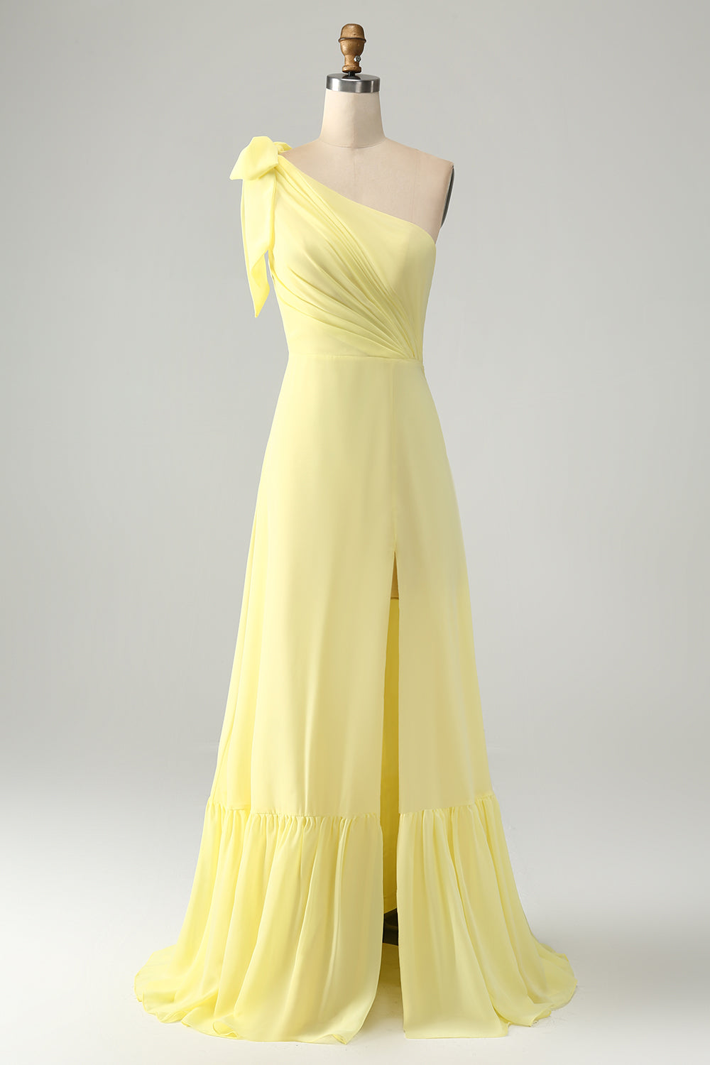 Zapaka Damen Hochzeitsgastkleid mit Schlitz Eine Schulter Zitronengelbes Chiffon Langes Brautjungfernkleid