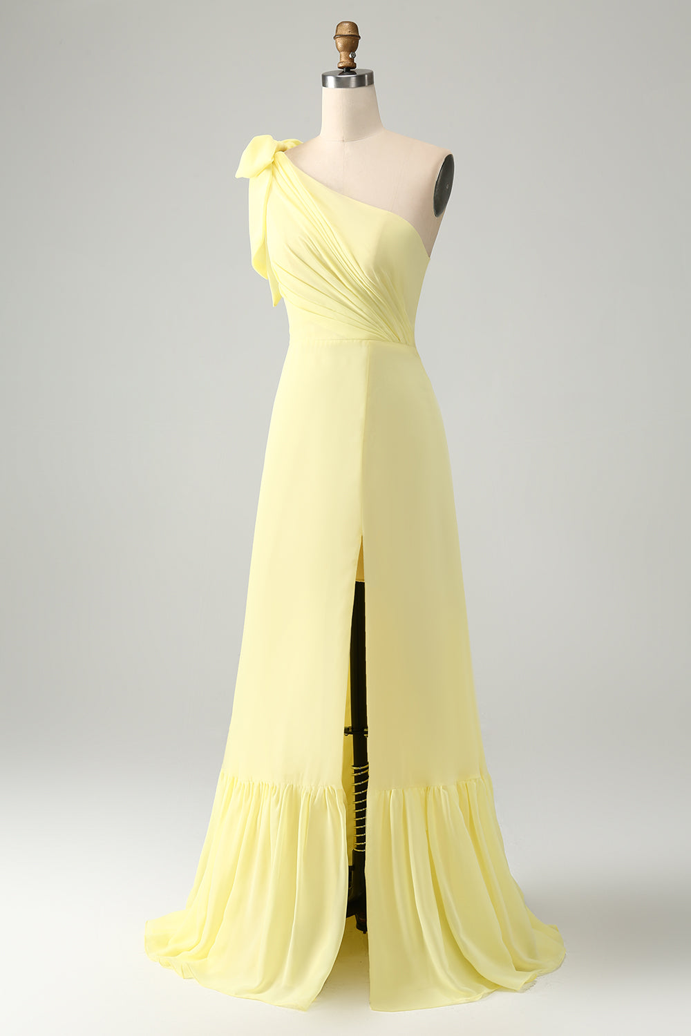 A Linie Eine Schulter Gelbes Langes Hochzeitsgastkleid mit Schlitz