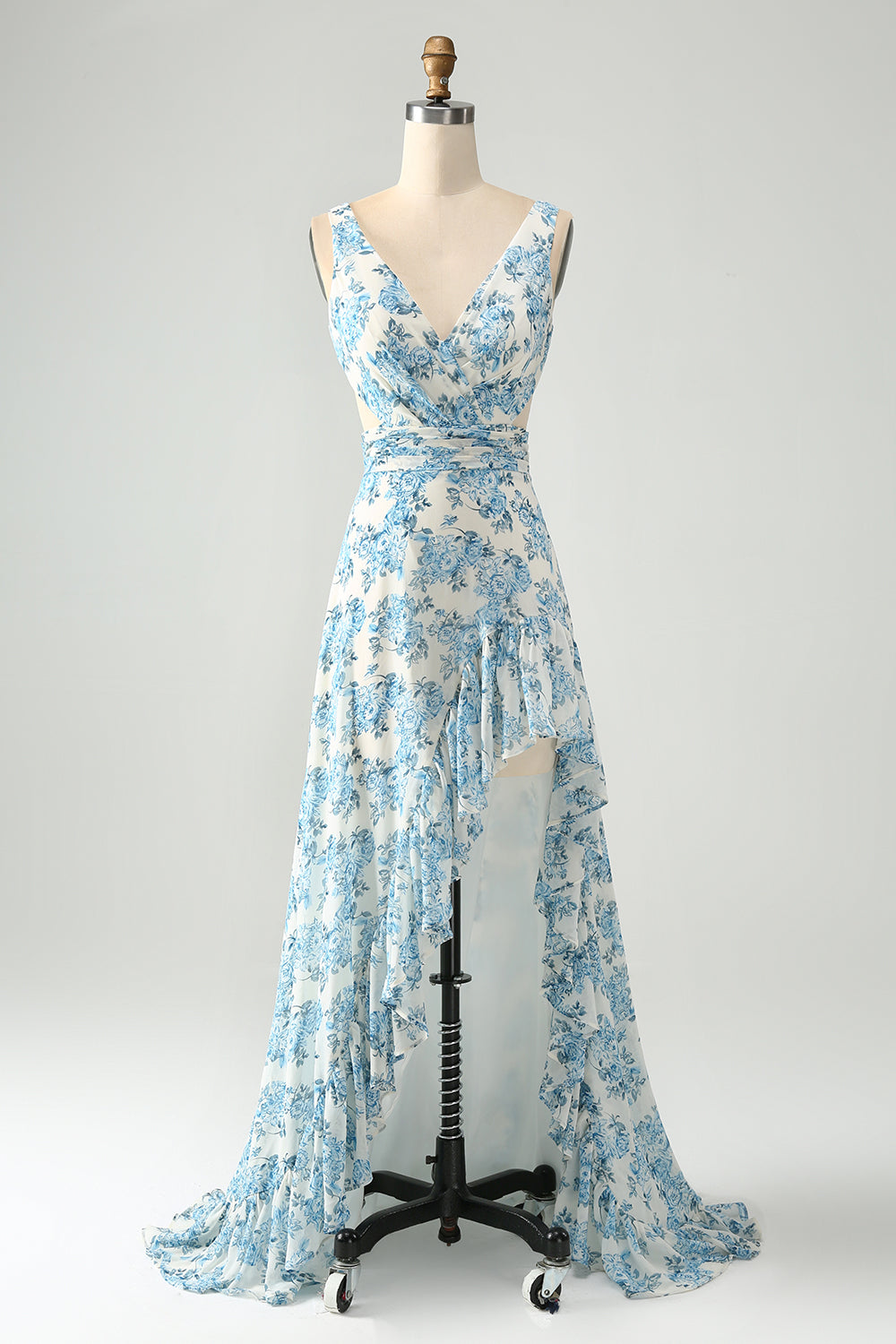 Weiß Blaue Blume A-Linie Rüschen Hoch Niedrig Hochzeitsgastkleid