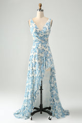 Weiß Blaue Blume A-Linie Rüschen Hoch Niedrig Hochzeitsgastkleid