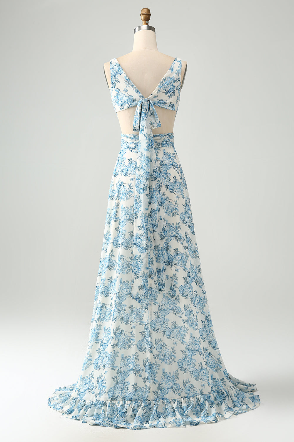 Weiß Blaue Blume A-Linie Rüschen Hoch Niedrig Hochzeitsgastkleid