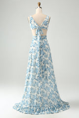 Weiß Blaue Blume A-Linie Rüschen Hoch Niedrig Hochzeitsgastkleid