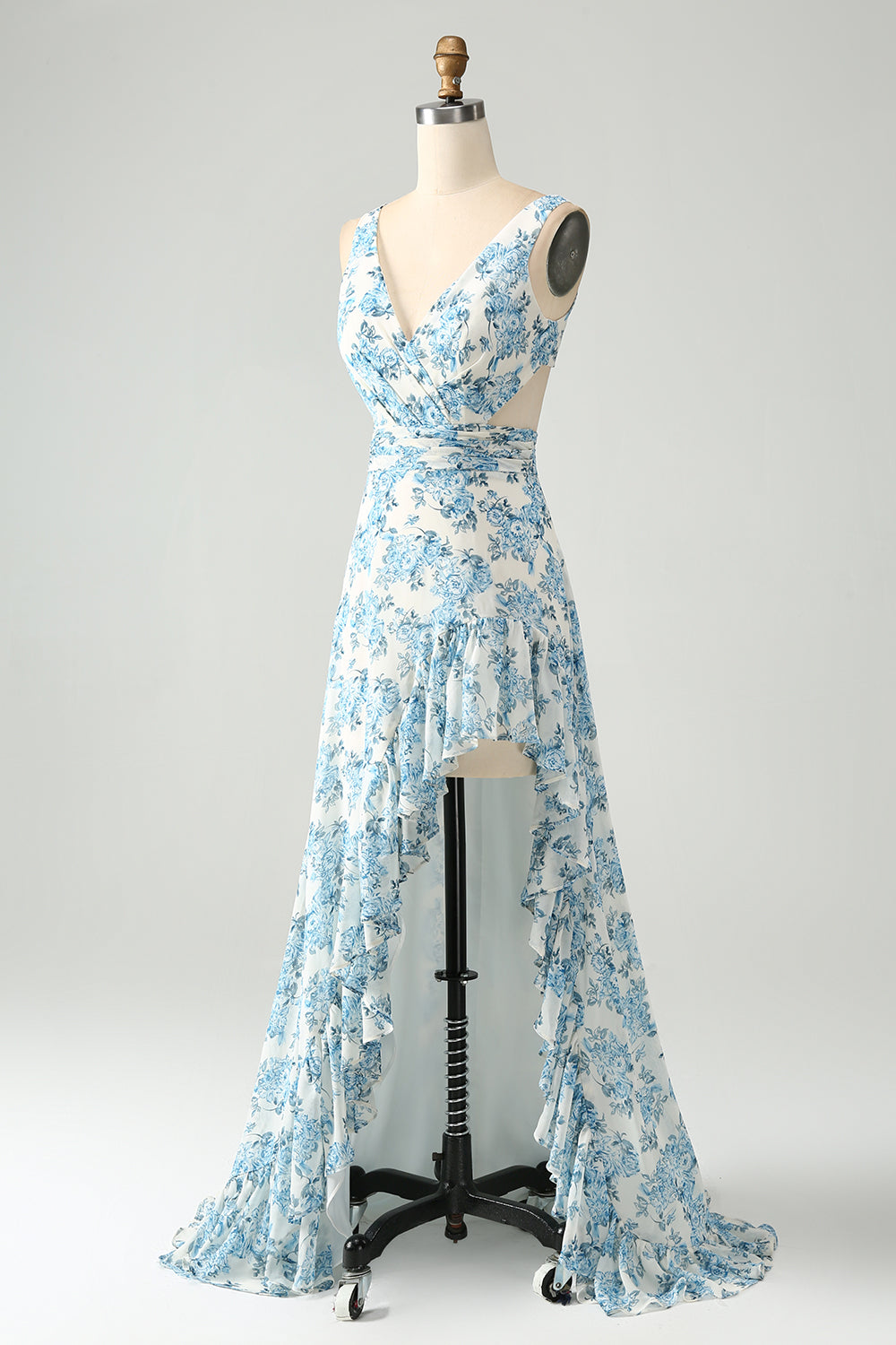 Weiß Blaue Blume A-Linie Rüschen Hoch Niedrig Hochzeitsgastkleid