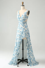 Weiß Blaue Blume A-Linie Rüschen Hoch Niedrig Hochzeitsgastkleid