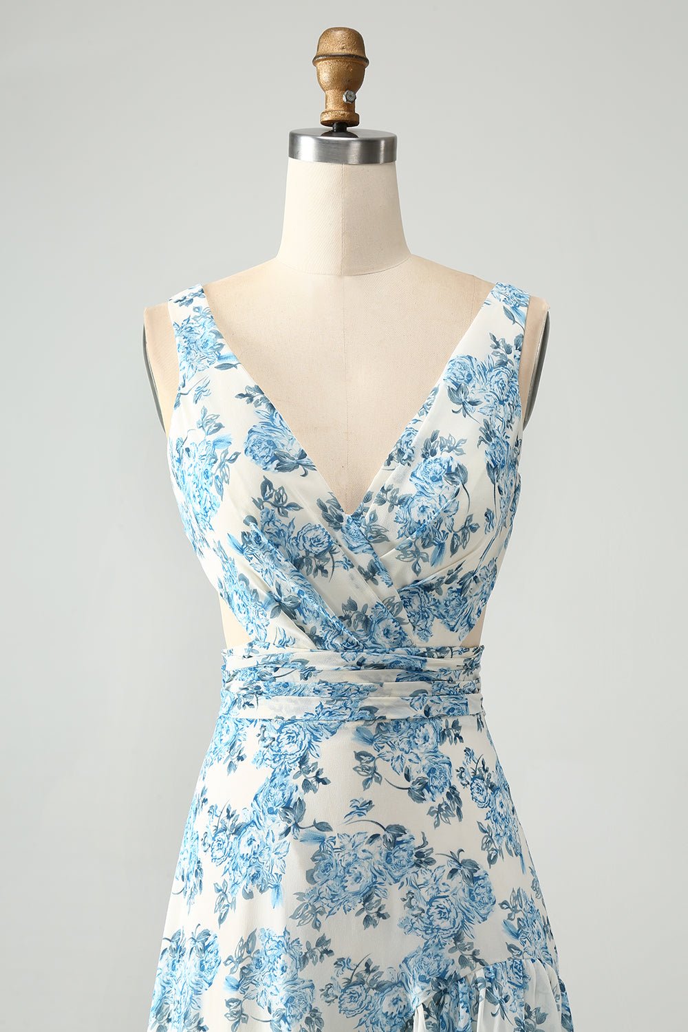Weiß Blaue Blume A-Linie Rüschen Hoch Niedrig Hochzeitsgastkleid