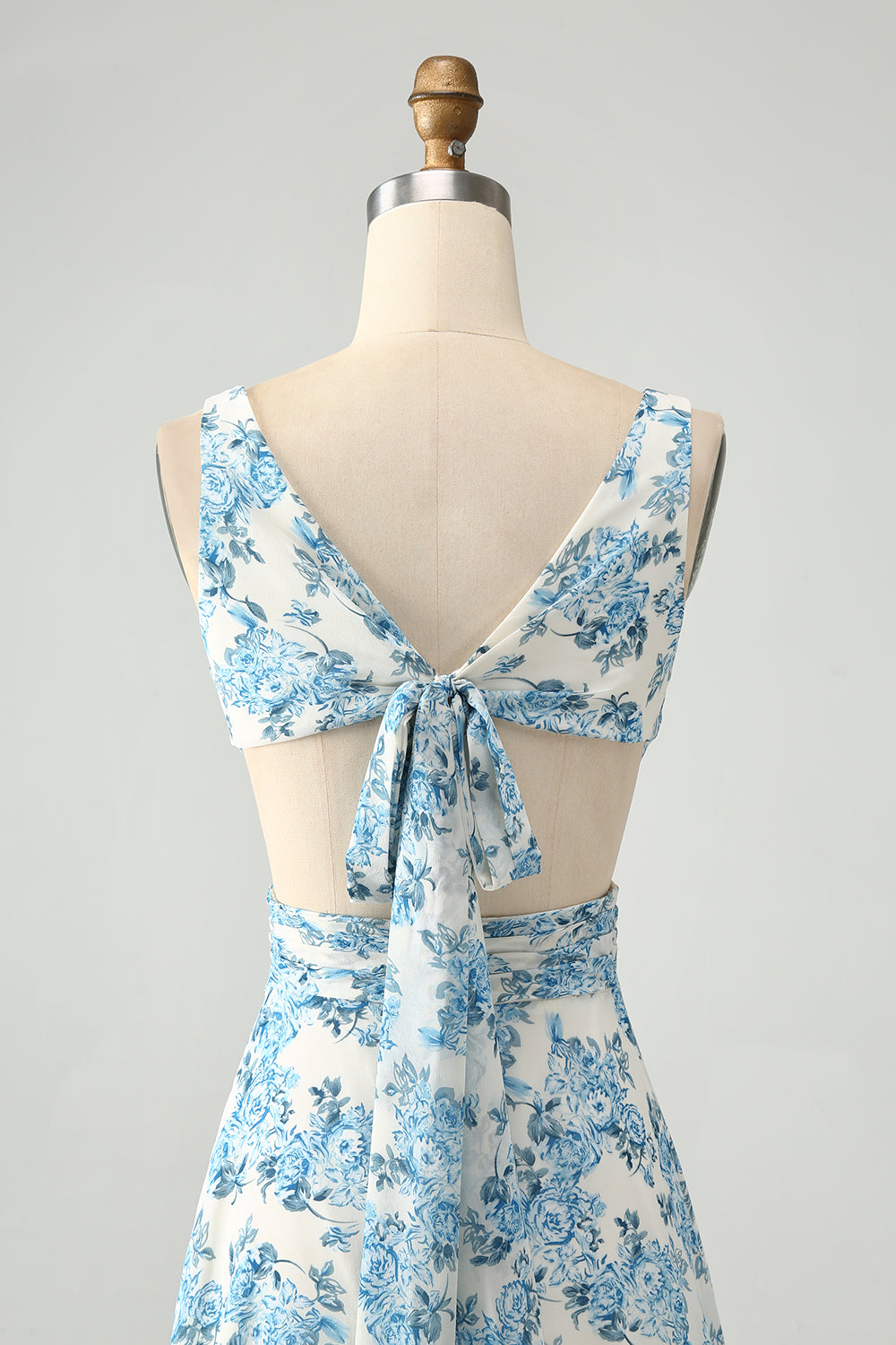 Weiß Blaue Blume A-Linie Rüschen Hoch Niedrig Hochzeitsgastkleid