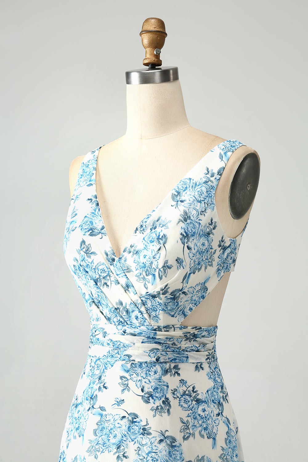 Weiß Blaue Blume A-Linie Rüschen Hoch Niedrig Hochzeitsgastkleid