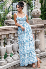 Weißes blaues A-Linie Korsett gestuftes langes Hochzeitsparty Gästekleid mit Blumenmuster