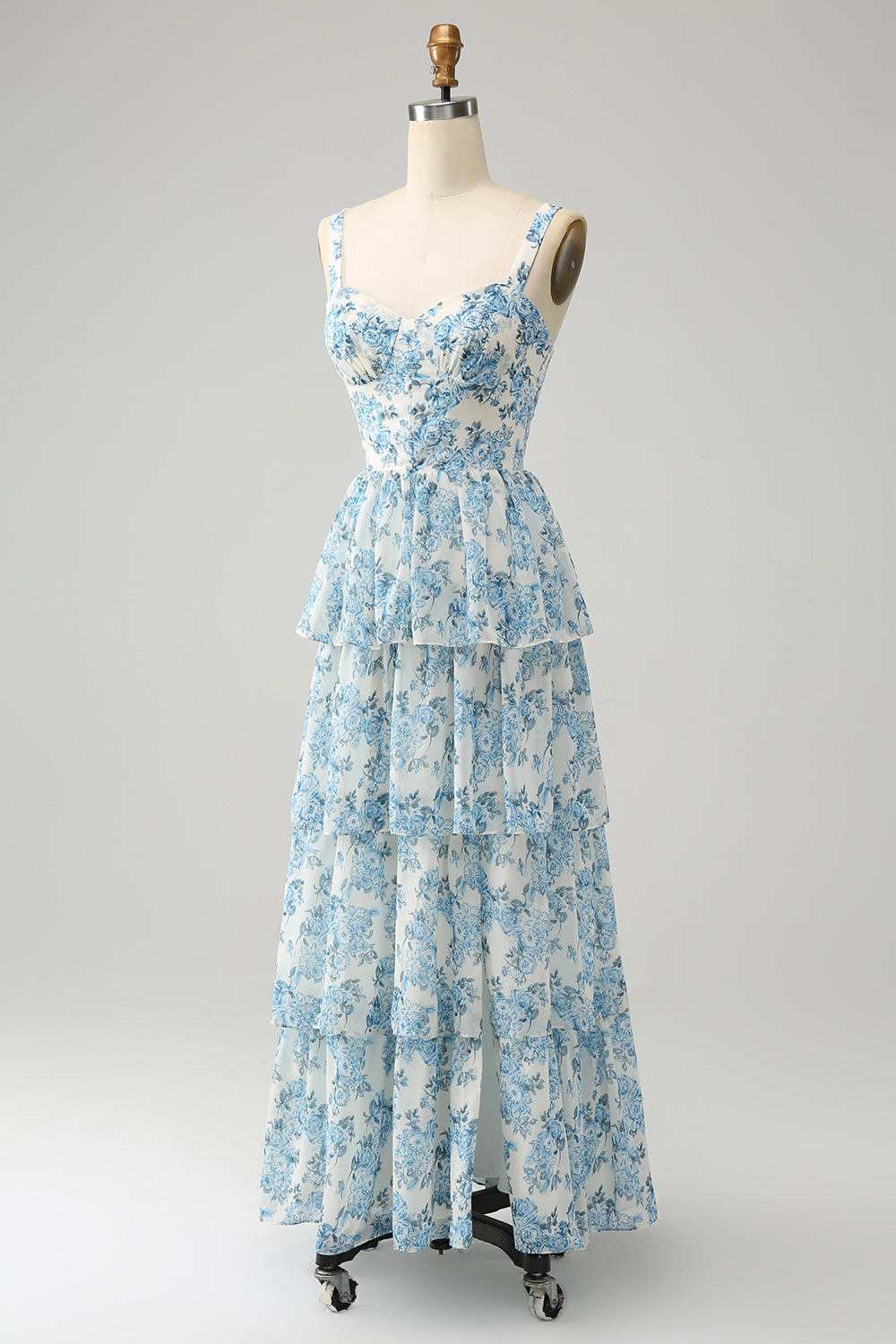 Weißes blaues Korsett gestuftes florales Hochzeitsgastkleid