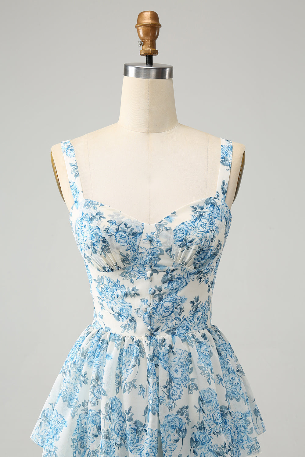 Weißes blaues Korsett gestuftes florales Hochzeitsgastkleid