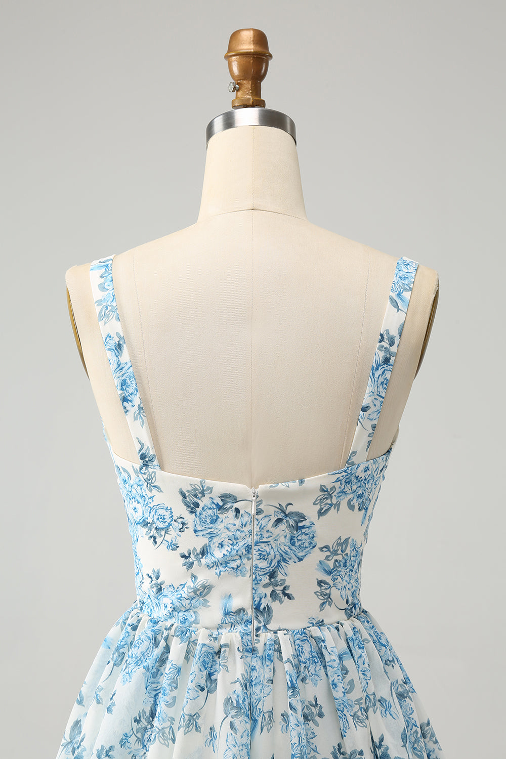 Weißes blaues Korsett gestuftes florales Hochzeitsgastkleid