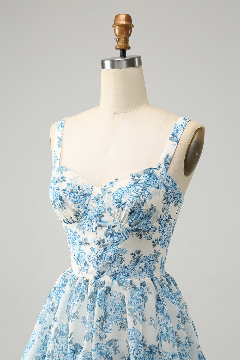 Weißes blaues Korsett gestuftes florales Hochzeitsgastkleid