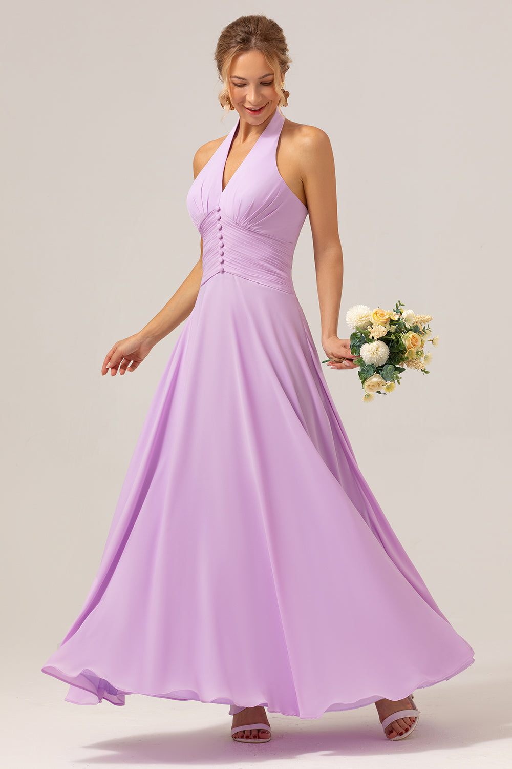 A Linie Neckholder Chiffon Rückenfreies langes lila Brautjungfernkleid