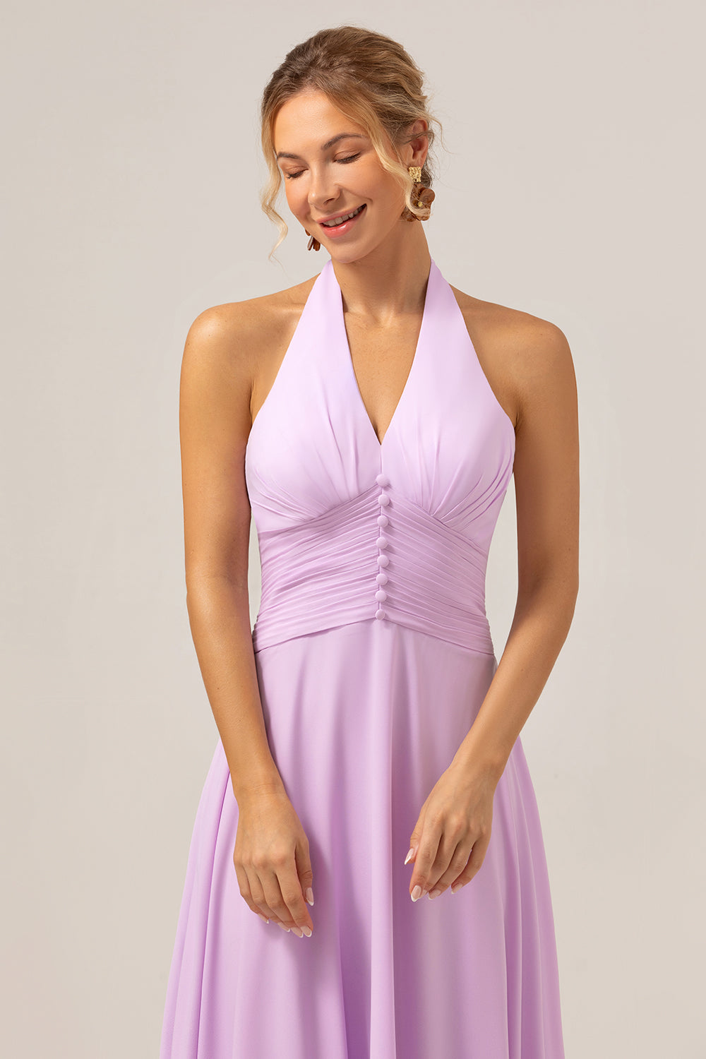 A Linie Neckholder Chiffon Rückenfreies langes lila Brautjungfernkleid
