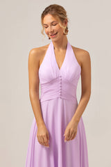 A Linie Neckholder Chiffon Rückenfreies langes lila Brautjungfernkleid