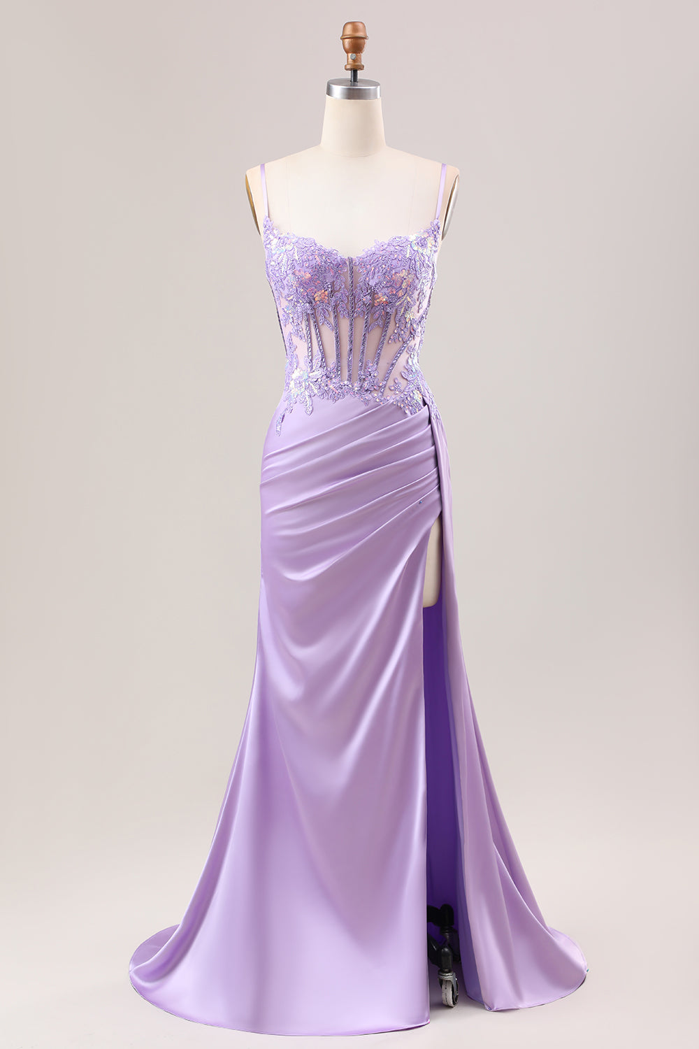 Stilvolles lila Meerjungfrau plissiertes Pailletten korsett Langes Ballkleid mit Schlitz