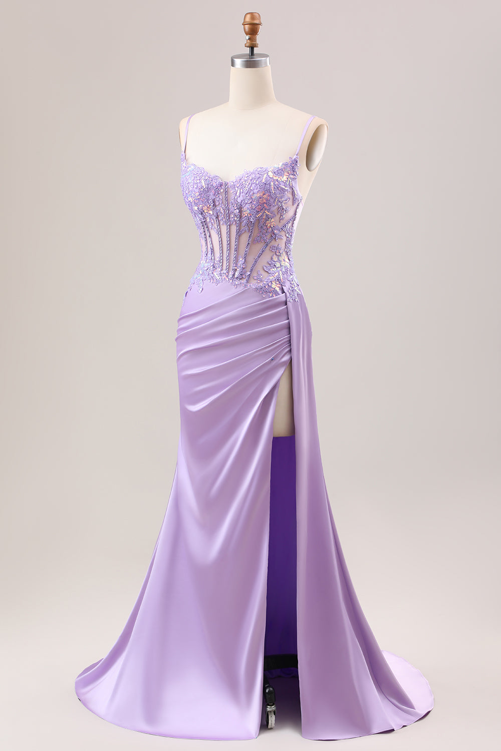 Stilvolles lila Meerjungfrau plissiertes Pailletten korsett Langes Ballkleid mit Schlitz
