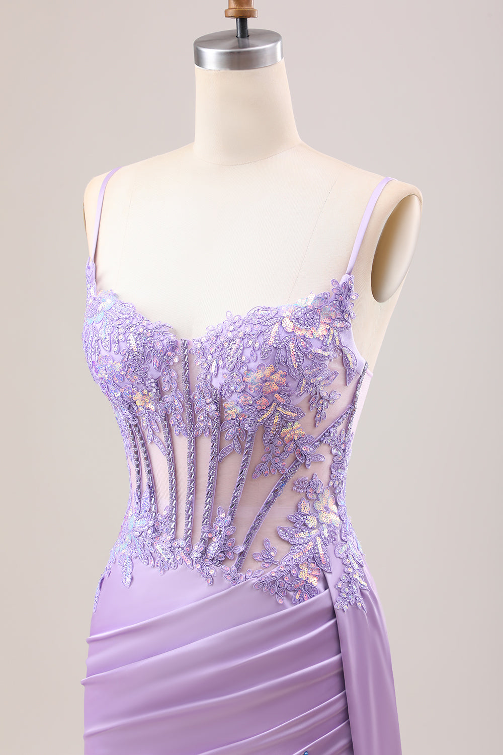 Stilvolles lila Meerjungfrau plissiertes Pailletten korsett Langes Ballkleid mit Schlitz