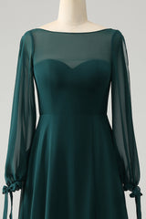 A Linie Dunkelgrünes Chiffon Brautjungfernkleid mit Bateau-Ausschnitt und Schlitz