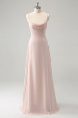 Zapaka Damen Rosa Brautjungfernkleid Langes Wasserfallausschnitt Spaghettiträger Chiffon Hochzeitsgast Kleid