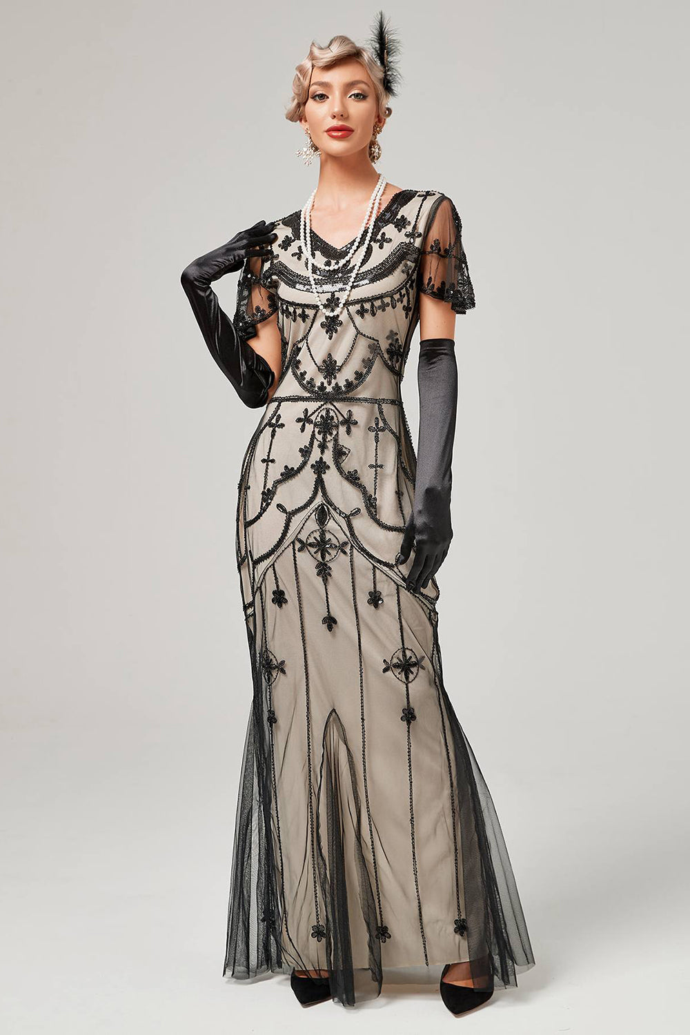 Schwarzes rosa Paillettenkleid aus den 1920er Jahren