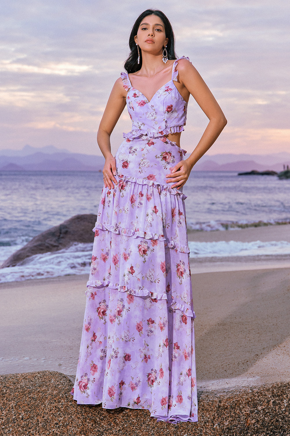 Schulterfreies A-Linie Brautjungfernkleid aus geblümtem Chiffon