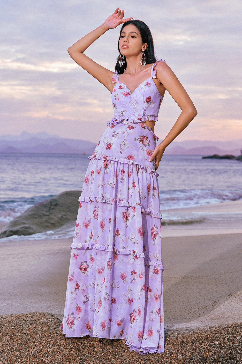 Schulterfreies A-Linie Brautjungfernkleid aus geblümtem Chiffon