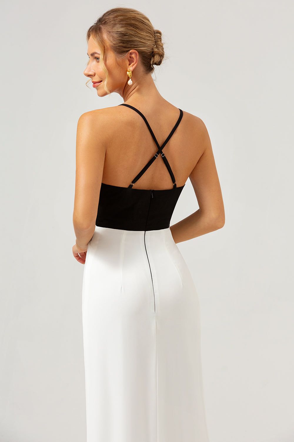 Schwarz Weiß Etui Spaghettiträger Langes V-Ausschnitt Ballkleid mit Schlitz