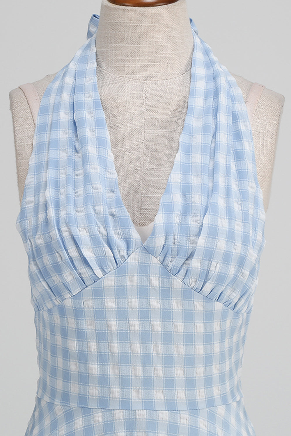 Blaues kariertes Neckholder Kleid aus den 1950er Jahren mit Schleife