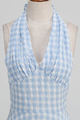 Blaues kariertes Neckholder Kleid aus den 1950er Jahren mit Schleife