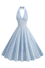 Blaues kariertes Neckholder Kleid aus den 1950er Jahren mit Schleife