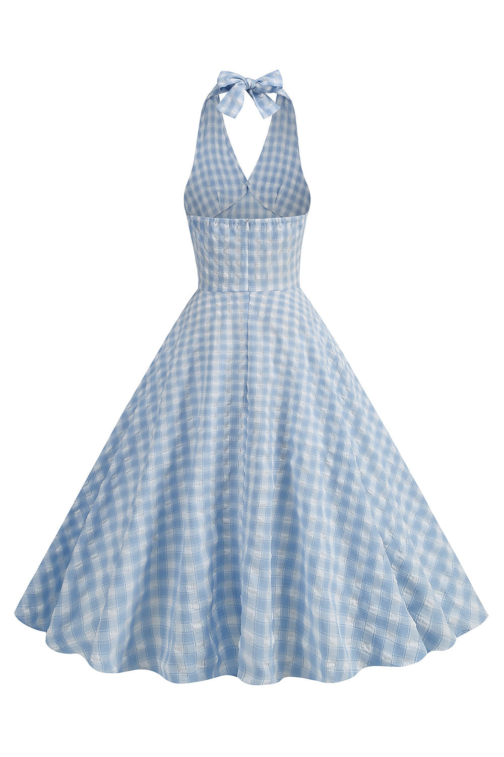 Blaues kariertes Neckholder Kleid aus den 1950er Jahren mit Schleife